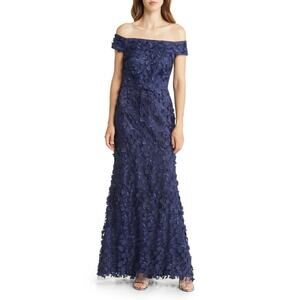 Eliza J Off the Shoulder Floral Appliqué Gown Navy Size 2 NWT